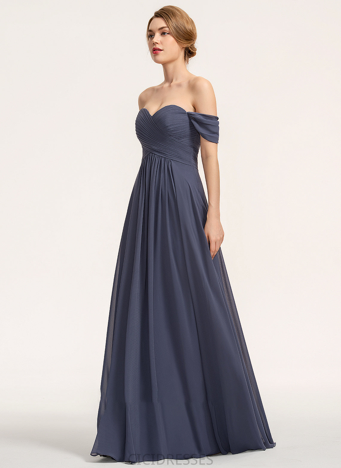 Fabric Off-the-Shoulder Silhouette Ruffle Neckline A-Line Floor-Length Length Embellishment Lorna Natural Waist Spaghetti Staps Bridesmaid Dresses