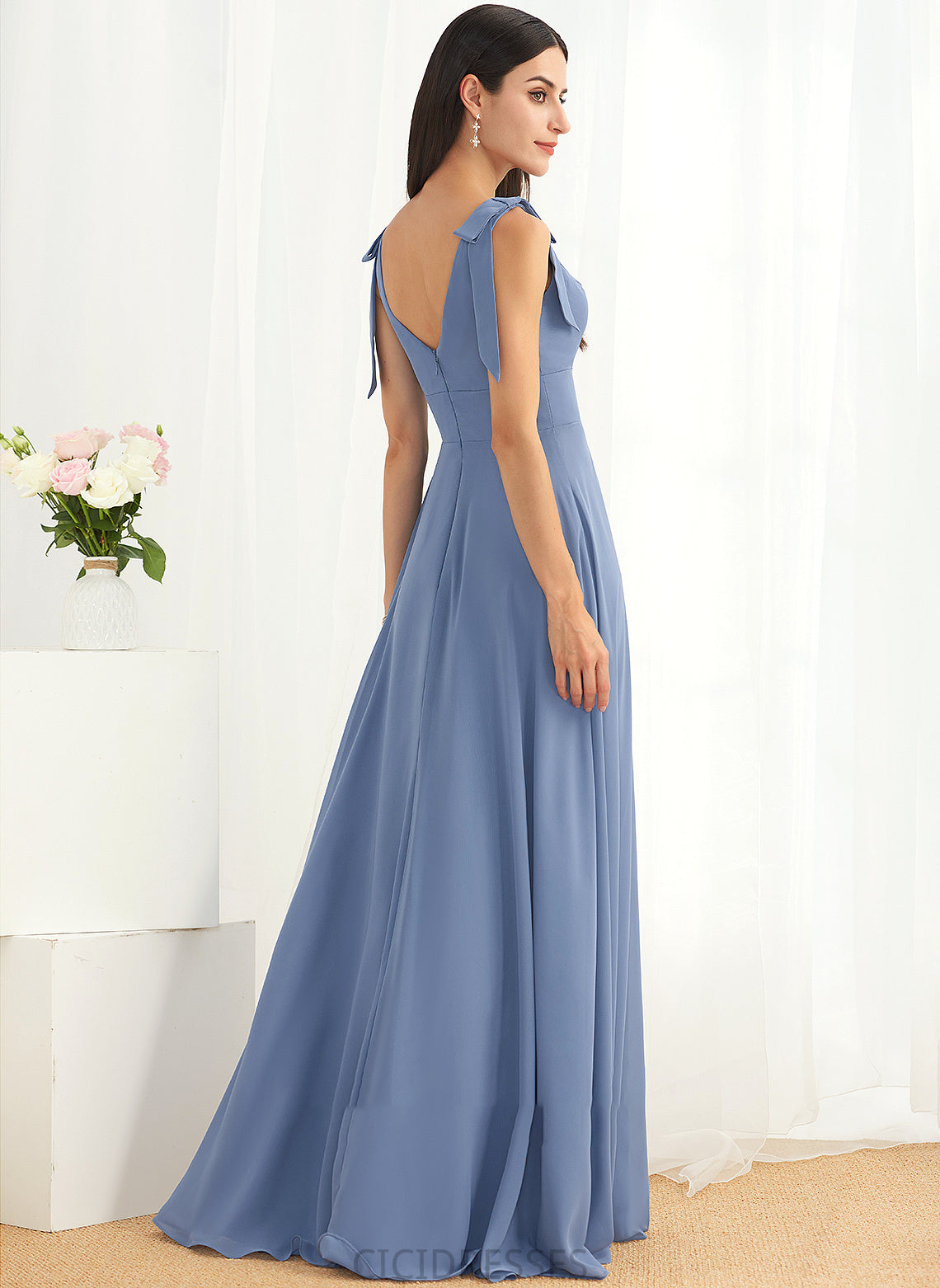 Bow(s) Silhouette Fabric V-neck Length A-Line Floor-Length Embellishment Neckline SplitFront Diamond Natural Waist Bridesmaid Dresses