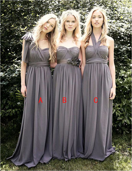 2024 Cheap A Line Light Slate Grey Chiffon One Shoulder Long Bridesmaid Dresses / Gowns