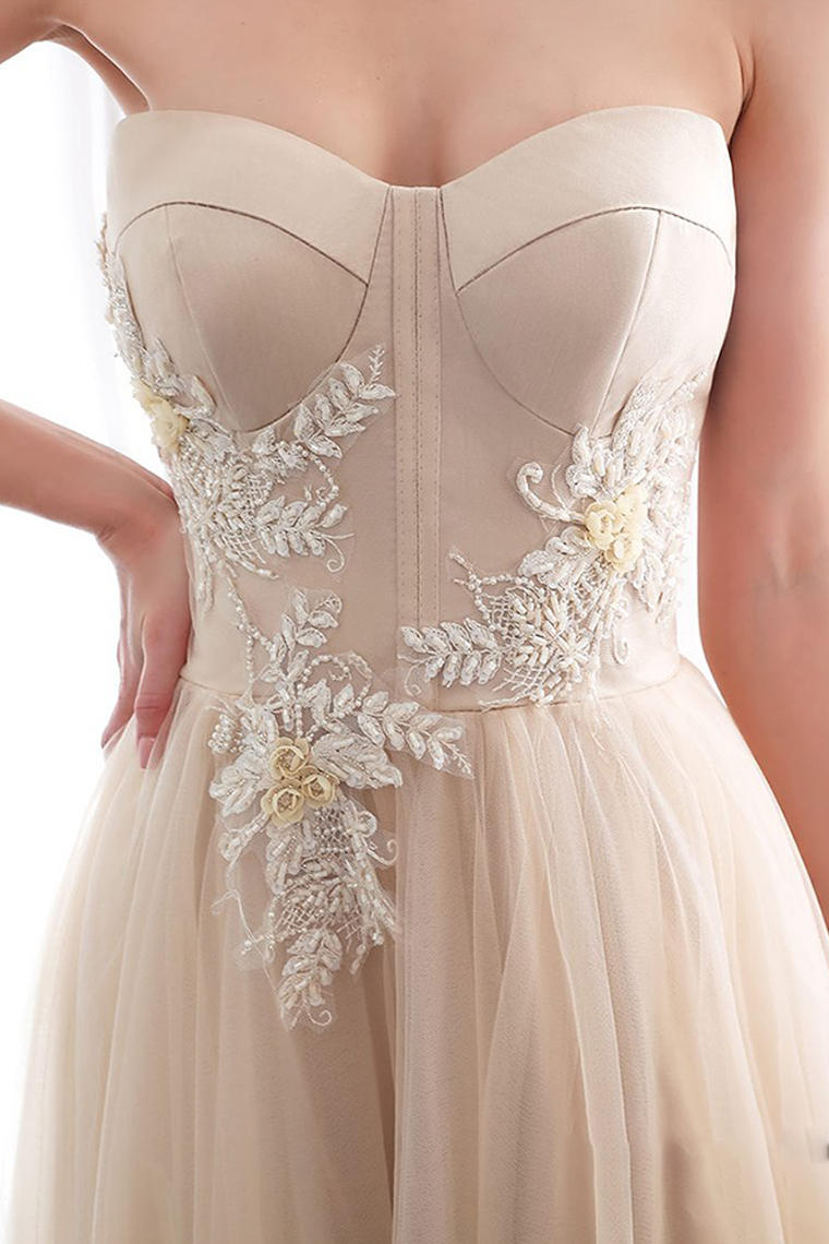 A-line Strapless Champagne Prom Dress Appliques Long Evening Dress