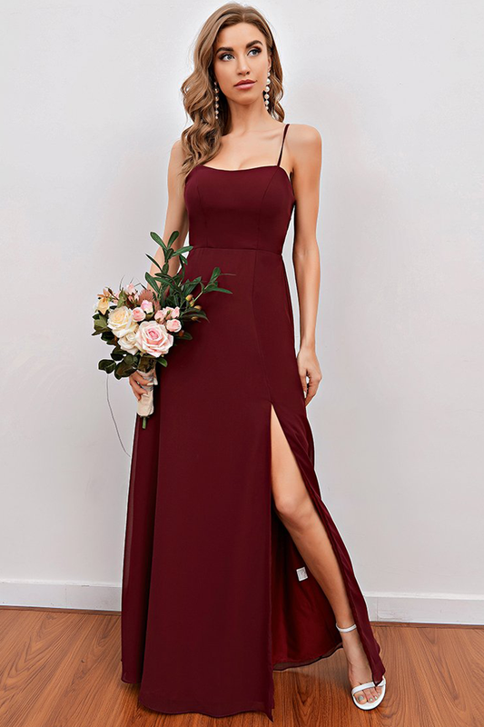 Burgundy Spaghetti Straps Long Bridesmaid Dress with Split