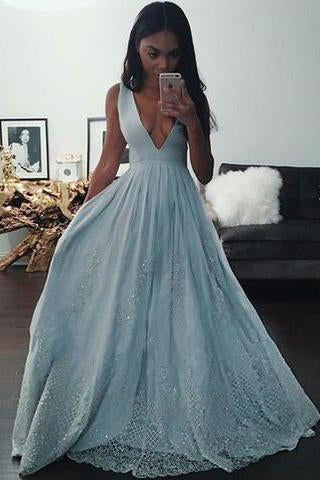 Sky Blue Sleeveless V-neck Long Prom Dresses Uk