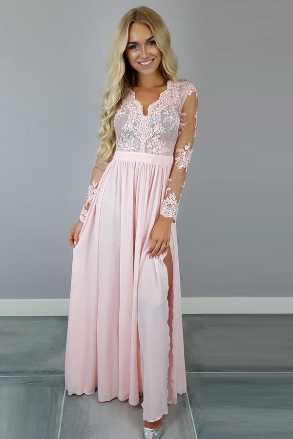 Princess/A-Line Chiffon Pink Long Sleeves Prom Dresses