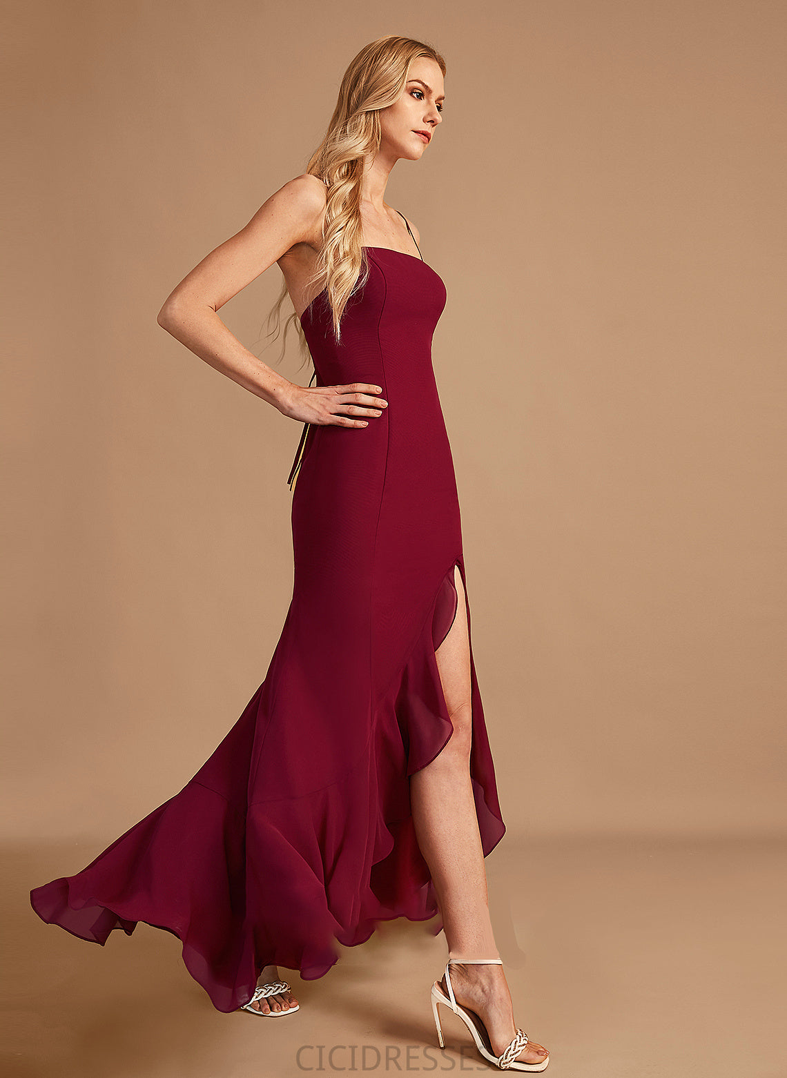 Fabric Length Floor-Length Silhouette Trumpet/Mermaid Neckline SquareNeckline Embellishment SplitFront Ruffle Josephine V-Neck Bridesmaid Dresses