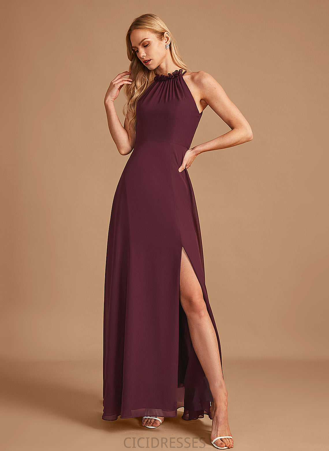 A-Line Embellishment SplitFront Neckline HighNeck Floor-Length Length Silhouette Fabric Imani Floor Length Satin Bridesmaid Dresses