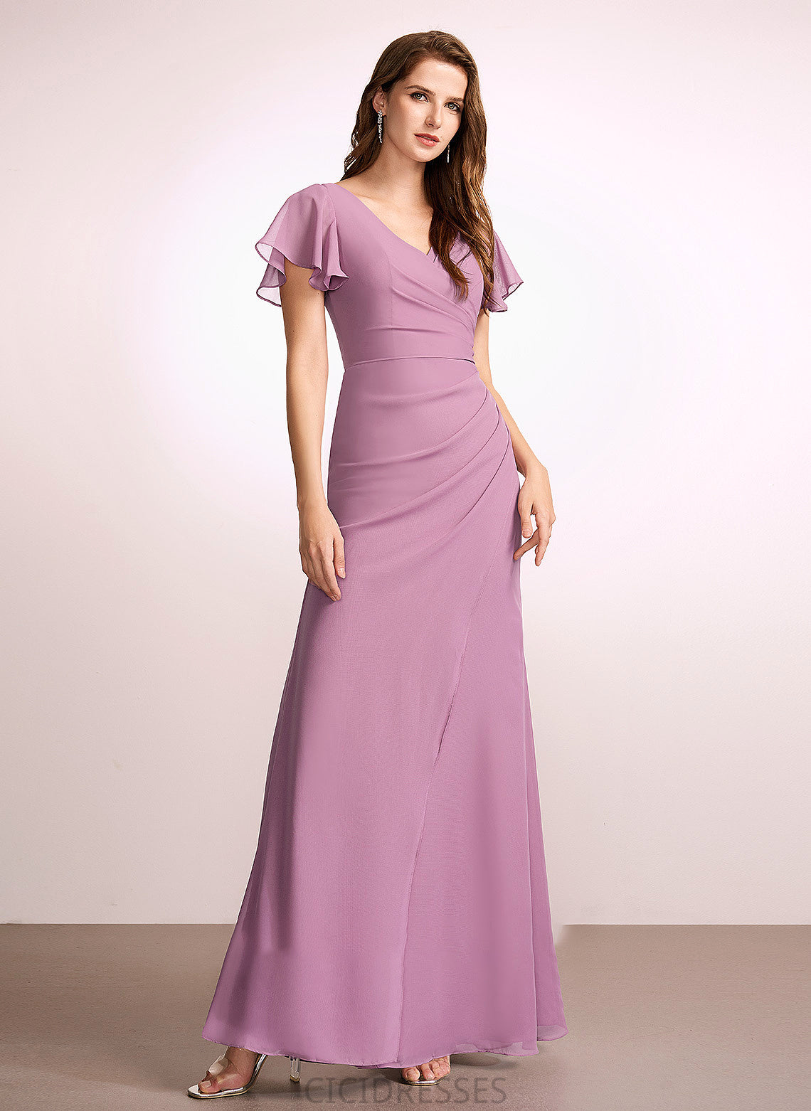 Floor-Length Embellishment Ruffle Fabric Silhouette Length V-neck Sheath/Column Neckline Quinn 3/4 Length Sleeve Natural Waist Bridesmaid Dresses