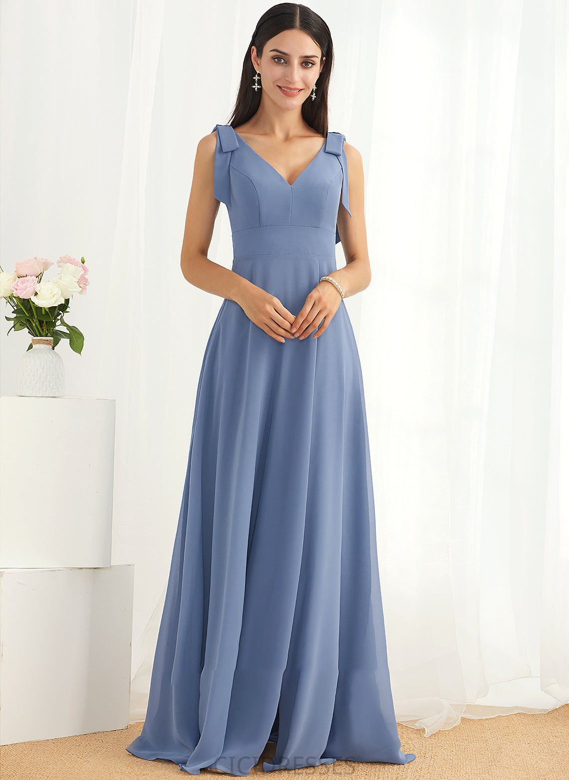 Bow(s) Silhouette Fabric V-neck Length A-Line Floor-Length Embellishment Neckline SplitFront Diamond Natural Waist Bridesmaid Dresses