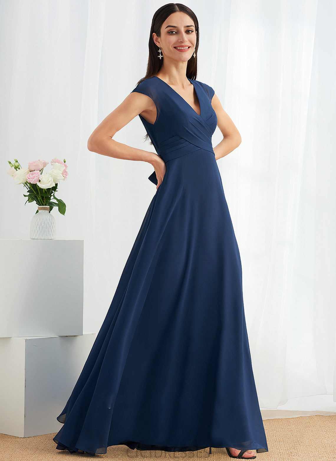 Silhouette A-Line Fabric Floor-Length Neckline Ruffle Embellishment Length V-neck Elizabeth Floor Length Sleeveless Bridesmaid Dresses