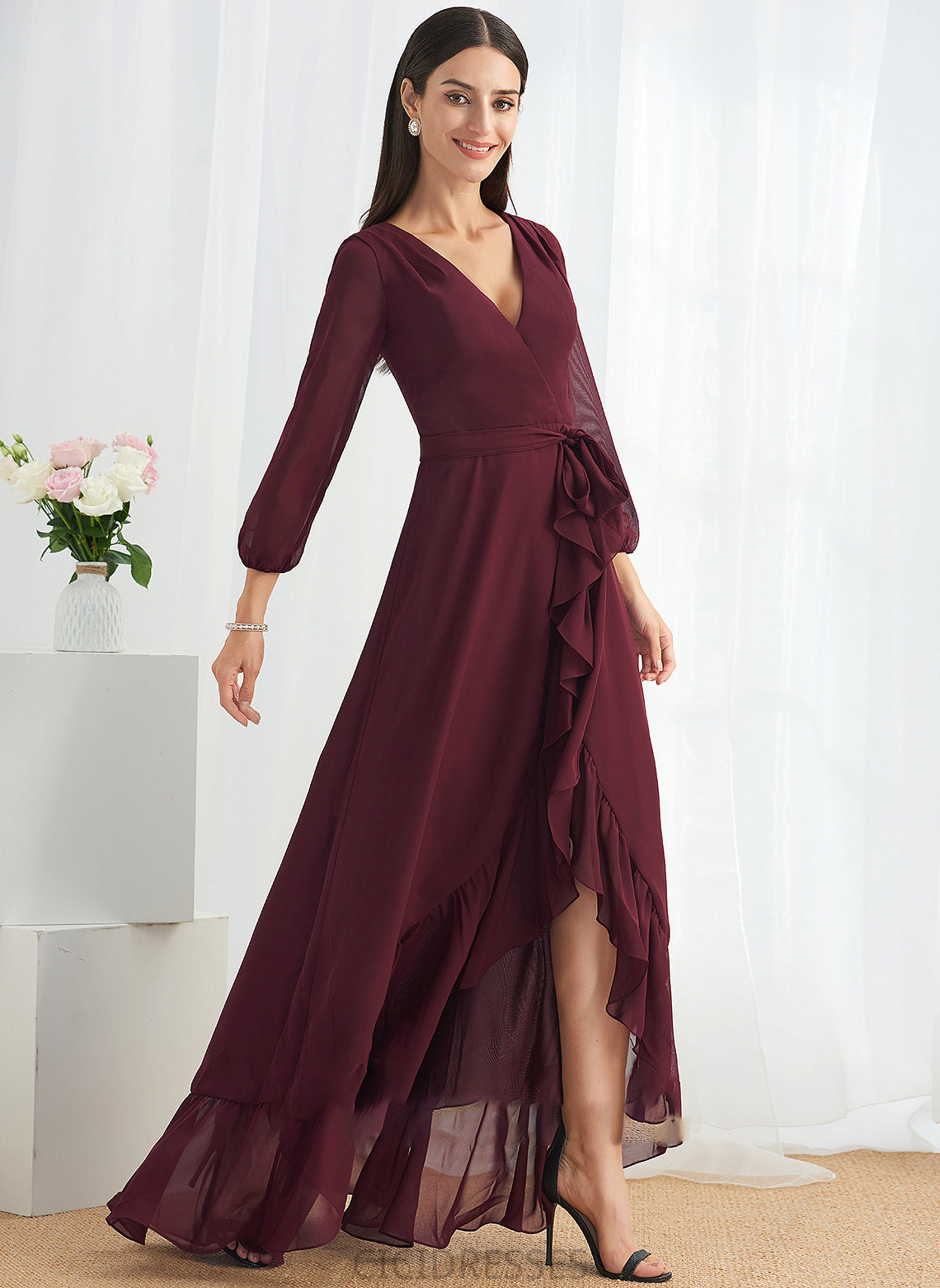 Silhouette A-Line Ruffle Embellishment Asymmetrical SplitFront V-neck Fabric Length Neckline Zion Floor Length Bridesmaid Dresses