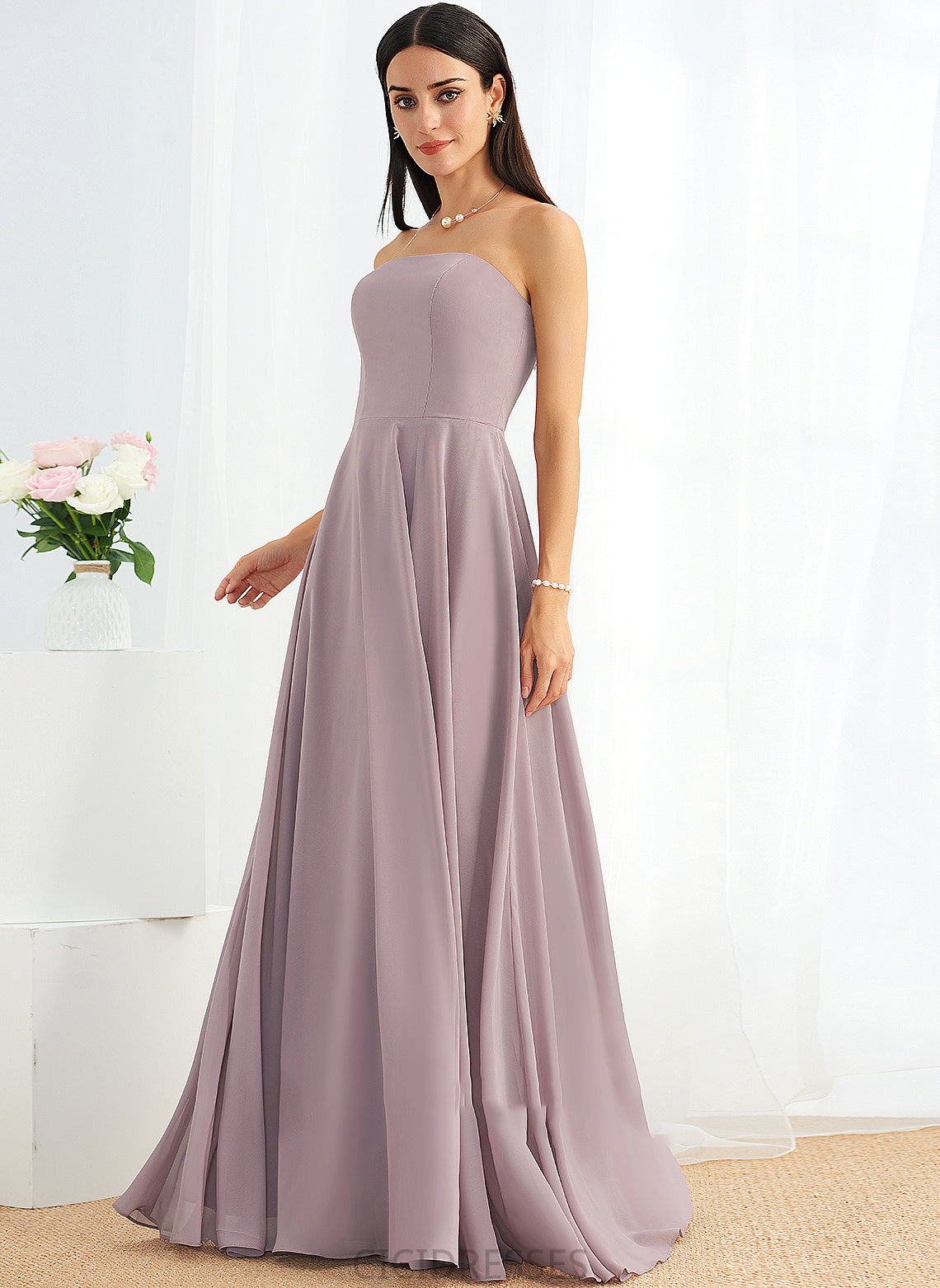 Floor-Length Fabric Length Neckline Strapless Silhouette SplitFront A-Line Embellishment Caroline Sweetheart A-Line/Princess Bridesmaid Dresses