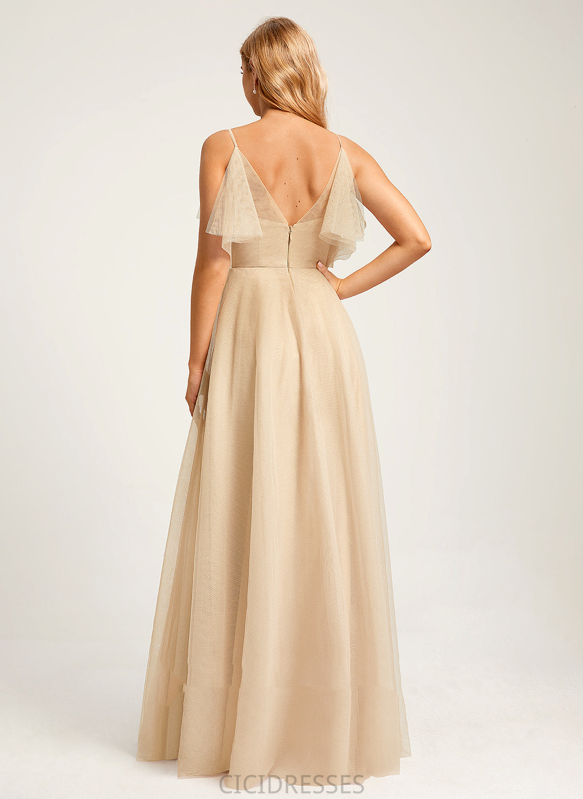 A-Line Neckline SplitFront Floor-Length Embellishment Fabric V-neck Silhouette Length Kiara Natural Waist Sleeveless Bridesmaid Dresses