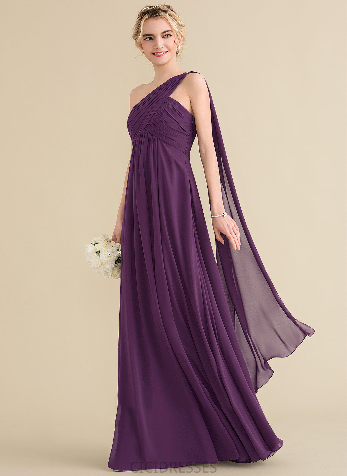 Embellishment A-Line Neckline Length Ruffle Floor-Length One-Shoulder Silhouette Fabric Janet Sleeveless V-Neck Bridesmaid Dresses