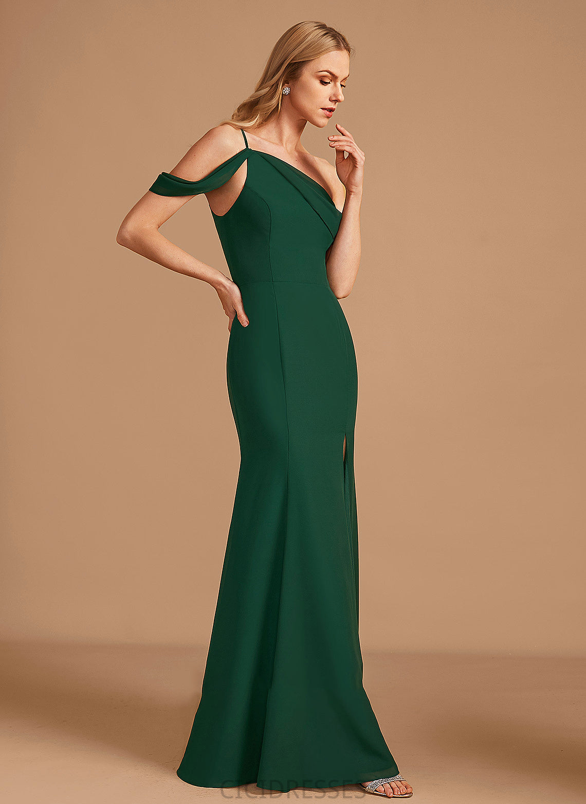 Floor-Length Embellishment Neckline Silhouette Length Trumpet/Mermaid SplitFront Fabric One-Shoulder Averie Sleeveless Spaghetti Staps Bridesmaid Dresses