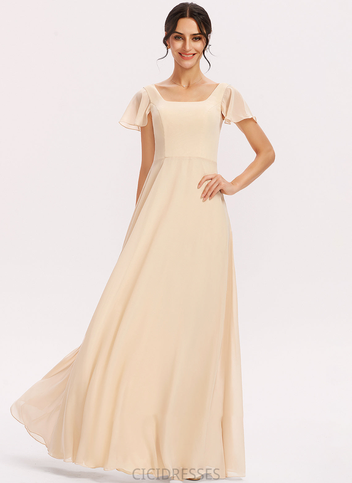 Floor-Length Length CascadingRuffles Neckline Silhouette SquareNeckline Fabric A-Line Embellishment Mercedes Sleeveless Scoop Bridesmaid Dresses