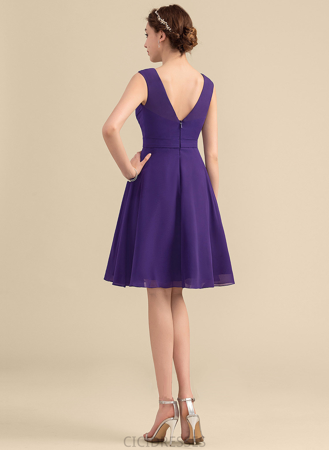 Ruffle A-Line V-neck Silhouette Knee-Length Fabric Embellishment Length Neckline Sue Sleeveless Spaghetti Staps Bridesmaid Dresses