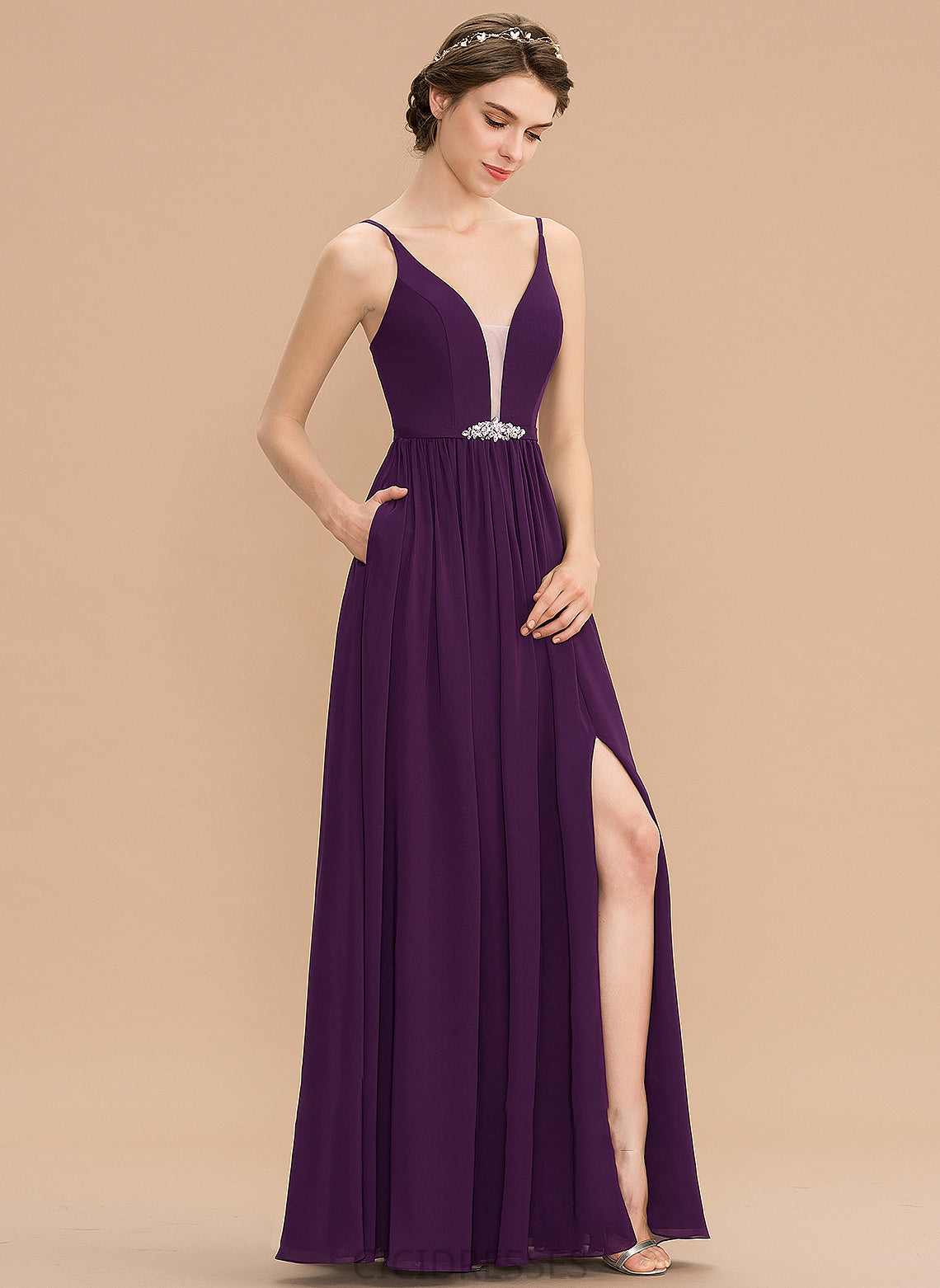 A-Line Length SplitFront Neckline Sequins Embellishment Silhouette Floor-Length Beading Fabric V-neck Pockets Bridesmaid Dresses