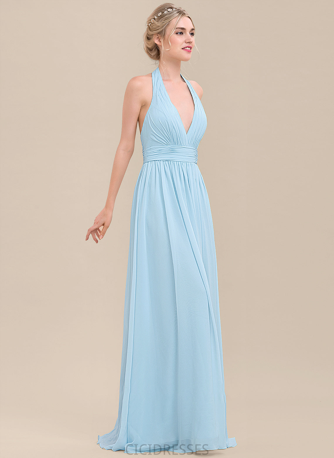 Floor-Length A-Line Embellishment Silhouette Length Halter Neckline Ruffle Fabric Gemma Natural Waist Sleeveless Bridesmaid Dresses