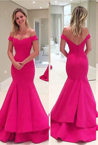 Off-the-Shoulder Mermaid Satin Fuchsia Prom Dresses