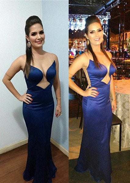 rebe gown 2024 Blue Sexy Sheer Back Sleeveless Column/Sheath Satin Prom Dresses