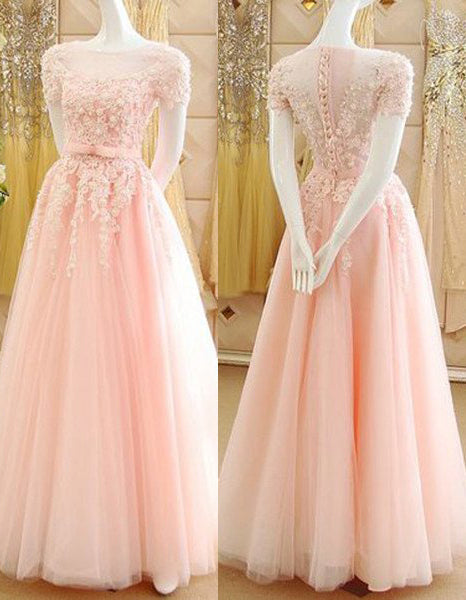 2024 Glamorous Pink Short Sleeves Appliques A-Line Tulle Prom Dresses