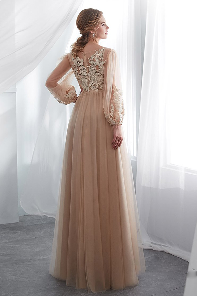 Fabulous Scoop Champagne Prom Dress Long Sleeves Appliques Evening Dress