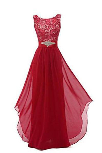 Round Neck Chiffon Lace Long Prom Dresses