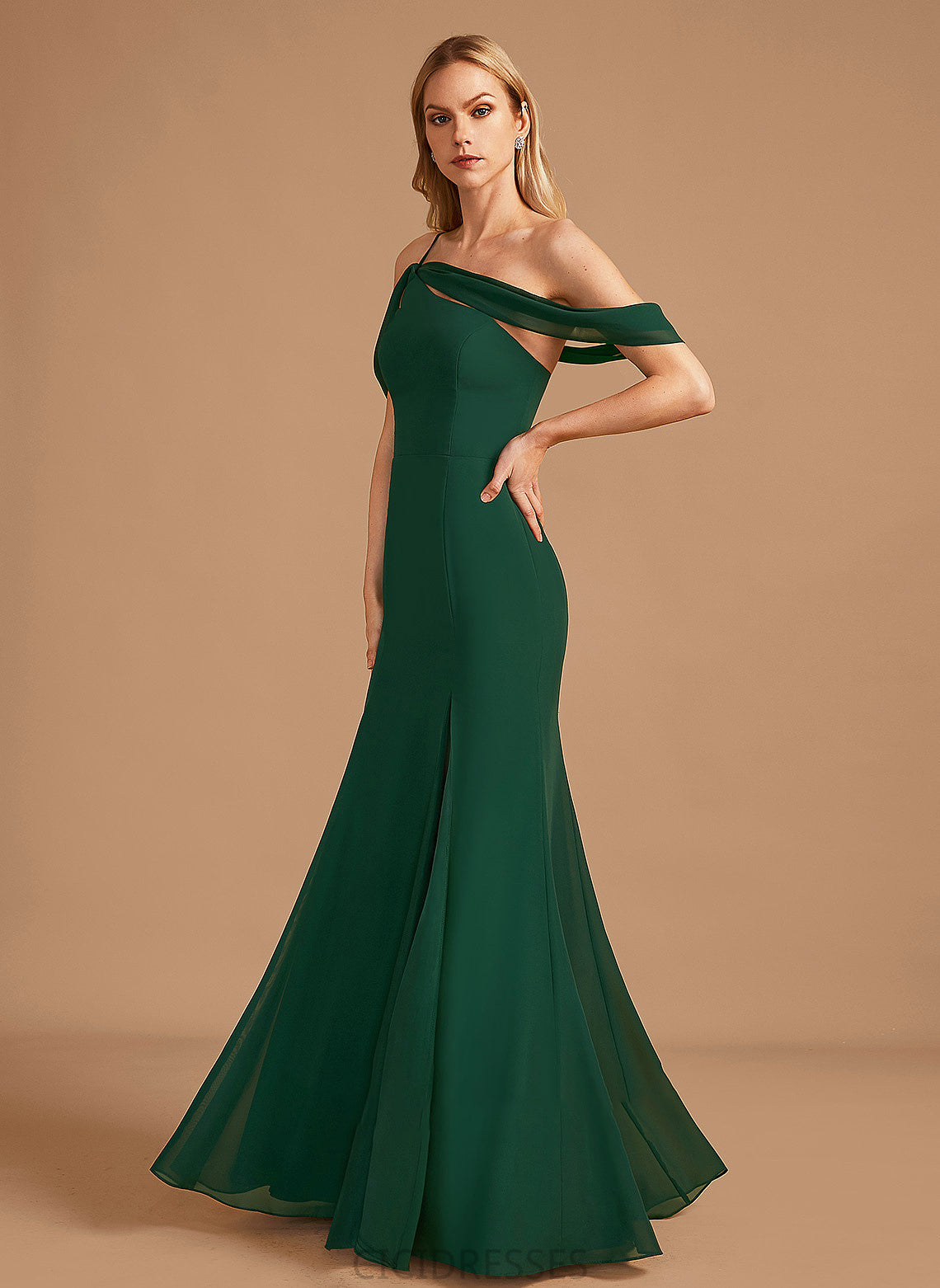 Floor-Length Embellishment Neckline Silhouette Length Trumpet/Mermaid SplitFront Fabric One-Shoulder Averie Sleeveless Spaghetti Staps Bridesmaid Dresses