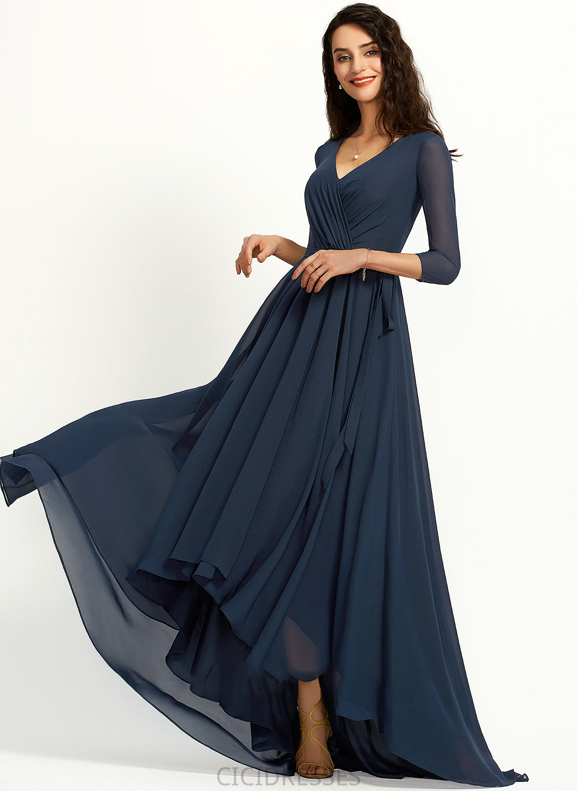 Asymmetrical Length V-neck Fabric Neckline Silhouette A-Line Pleated Embellishment Penny A-Line/Princess Floor Length Bridesmaid Dresses