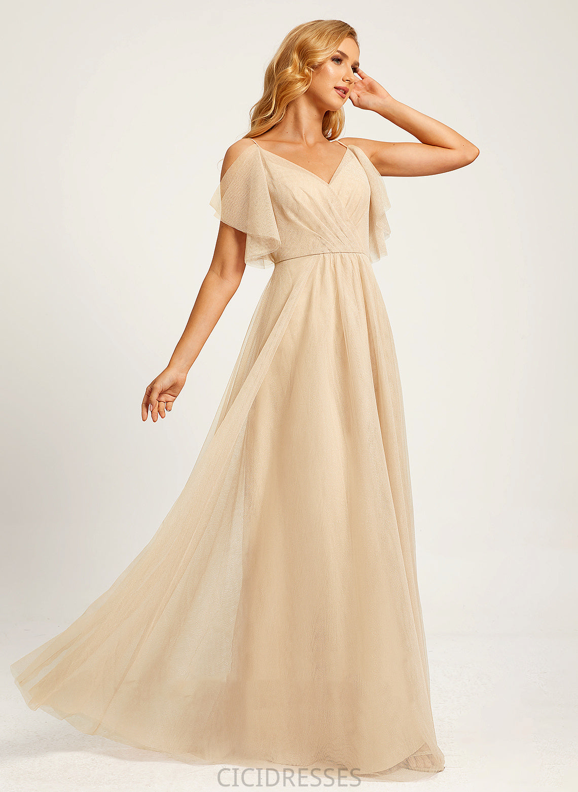 A-Line Neckline SplitFront Floor-Length Embellishment Fabric V-neck Silhouette Length Kiara Natural Waist Sleeveless Bridesmaid Dresses