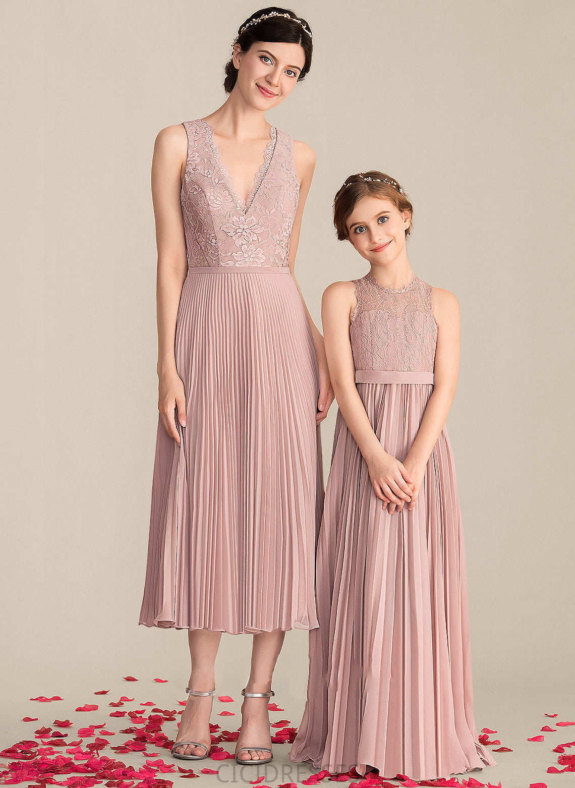 Length Fabric A-Line Neckline Embellishment Silhouette V-neck Tea-Length Pleated Michaela Natural Waist Sleeveless Bridesmaid Dresses