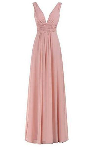 Sexy V-Neck Ruched Waist Long Prom Evening Gown Bridesmaid Dress