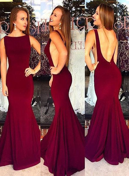 Burgundy Backless Bateau Neck Mermaid Stretch Satin Prom Dresses