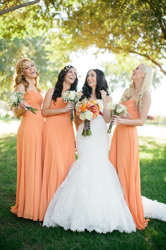 2024 Cheap A Line Chiffon Orange Strapless Ruffles Long Bridesmaid Dresses / Gowns