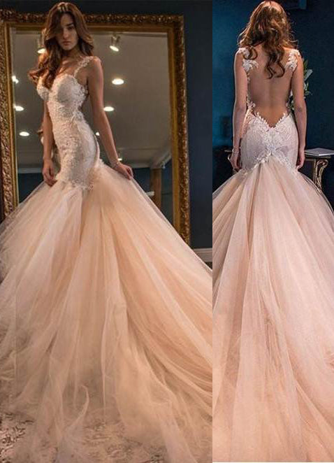 Appliques Straps Mermaid Tulle Champagne Prom Dresses