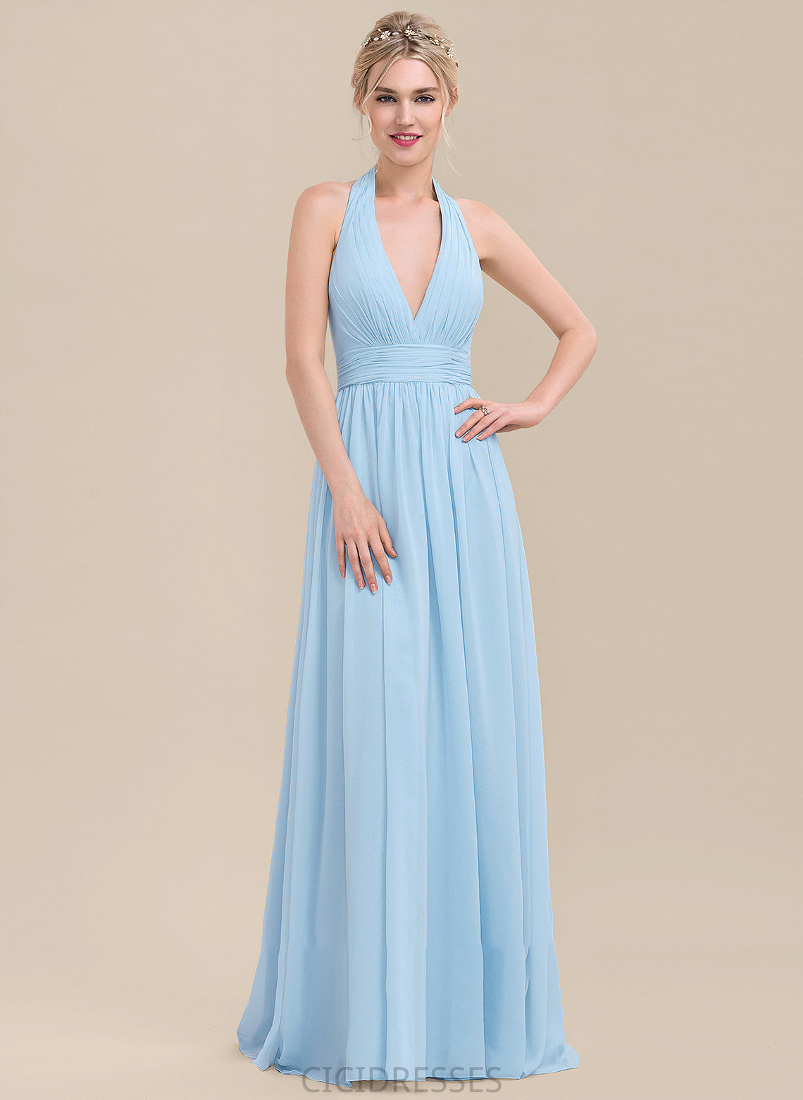 Floor-Length A-Line Embellishment Silhouette Length Halter Neckline Ruffle Fabric Gemma Natural Waist Sleeveless Bridesmaid Dresses