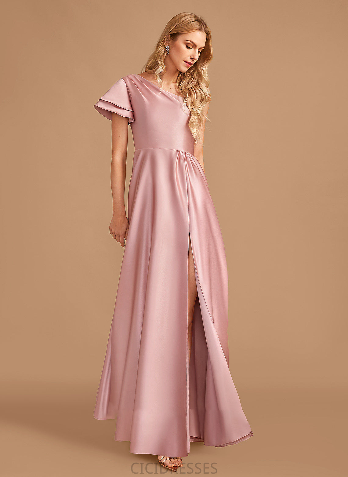 SplitFront Neckline Fabric A-Line One-Shoulder Floor-Length Length Embellishment Silhouette Jaylyn A-Line/Princess V-Neck Bridesmaid Dresses