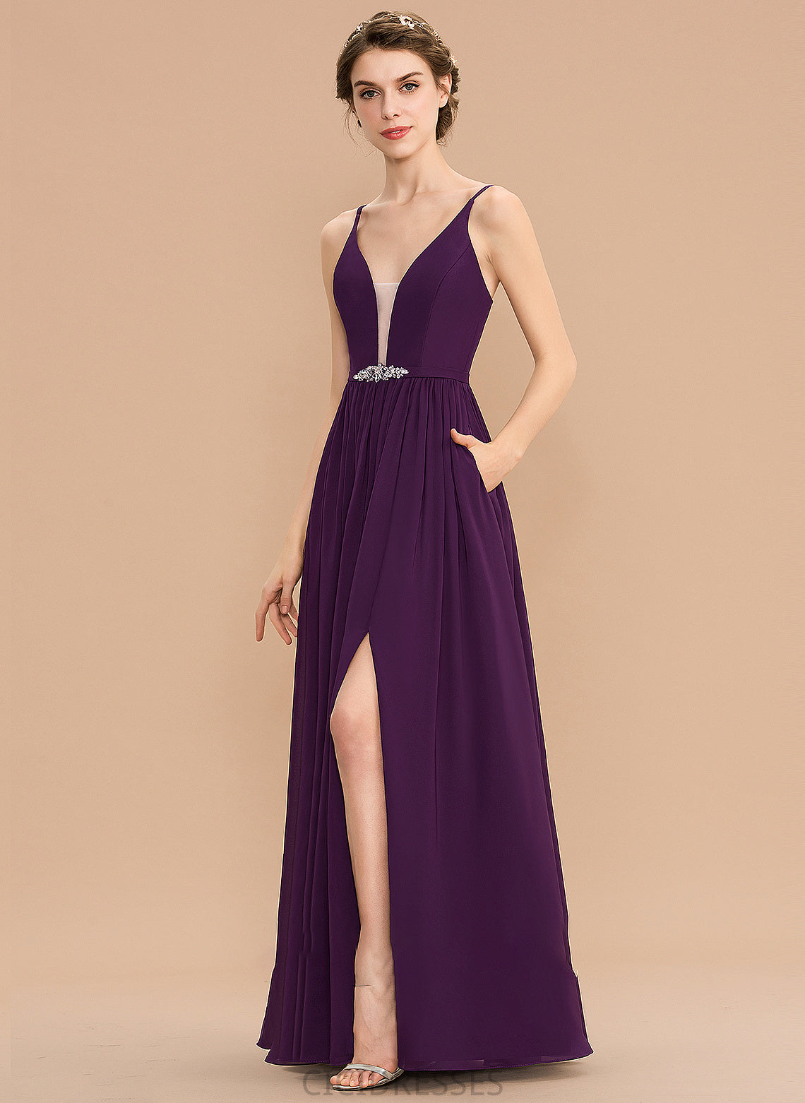 A-Line Length SplitFront Neckline Sequins Embellishment Silhouette Floor-Length Beading Fabric V-neck Pockets Bridesmaid Dresses