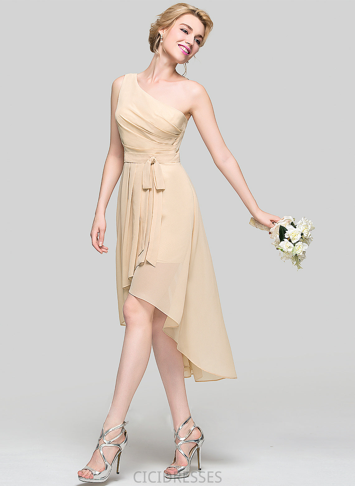 One-Shoulder Asymmetrical Length Bow(s) Ruffle Neckline Fabric CascadingRuffles A-Line Embellishment Silhouette Miriam Bridesmaid Dresses