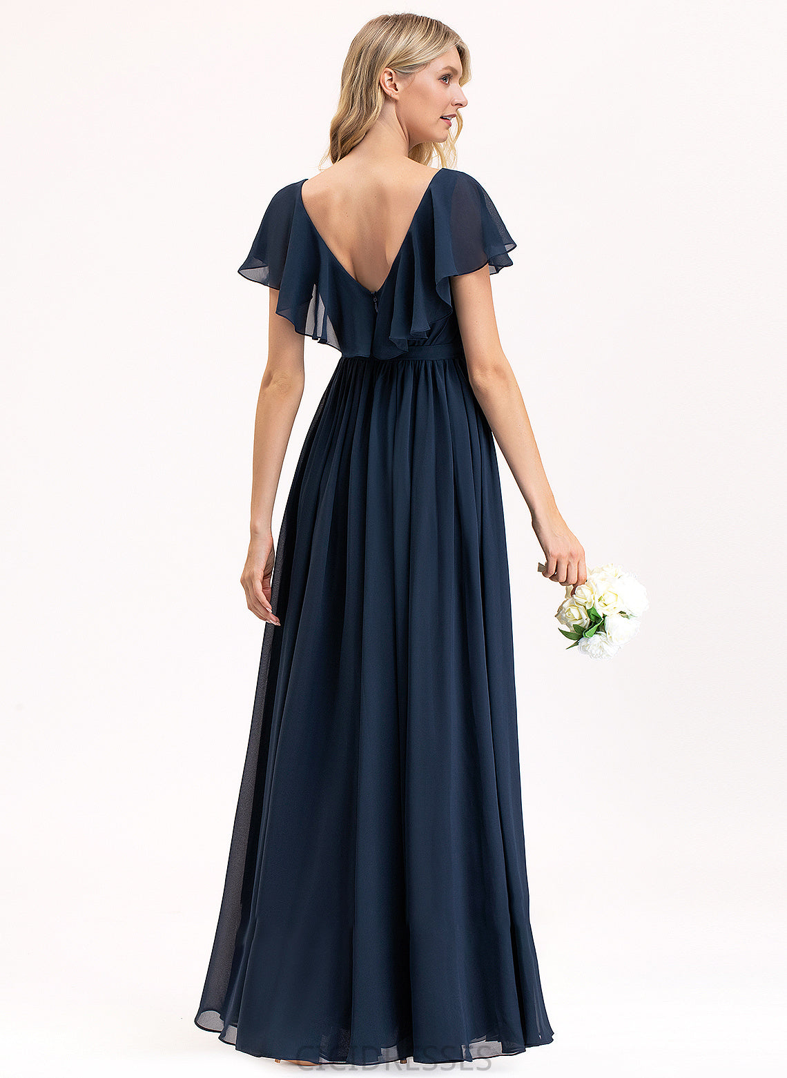 SplitFront Silhouette CascadingRuffles Bow(s) Floor-Length Embellishment Length V-neck Neckline A-Line Fabric Rosemary Bridesmaid Dresses