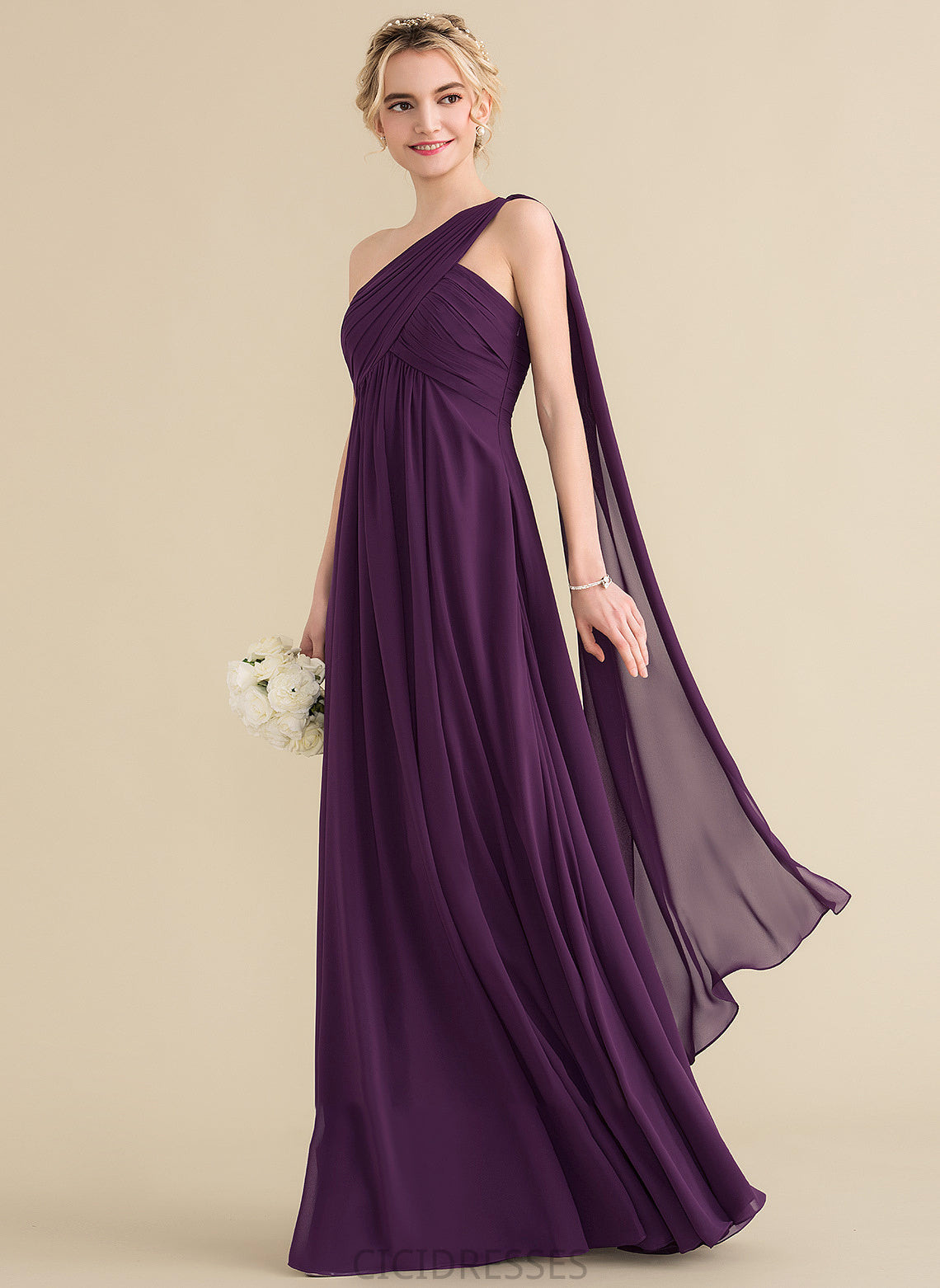 Embellishment A-Line Neckline Length Ruffle Floor-Length One-Shoulder Silhouette Fabric Janet Sleeveless V-Neck Bridesmaid Dresses