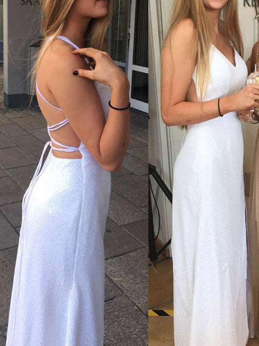 2024 Unique White Backless Natural Long Floor length Column/Sheath Prom Dresses