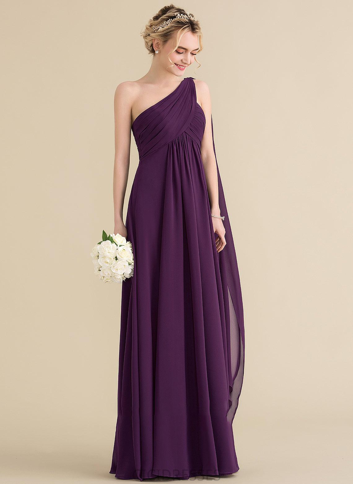 Embellishment A-Line Neckline Length Ruffle Floor-Length One-Shoulder Silhouette Fabric Janet Sleeveless V-Neck Bridesmaid Dresses