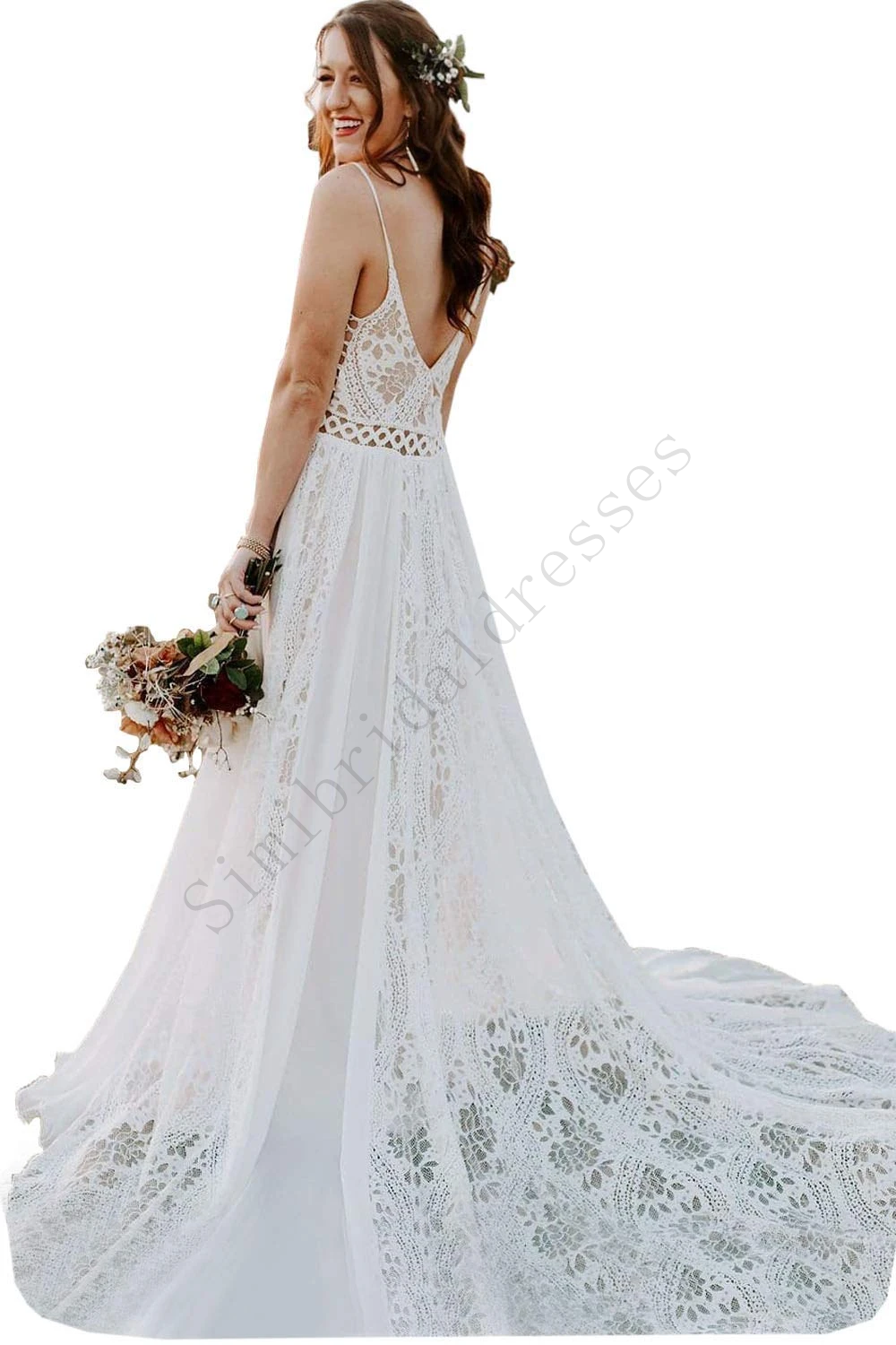 New Arrival Bohemian Spaghetti Straps Beach Wedding Dresses With Adjustable Drawstring B0010