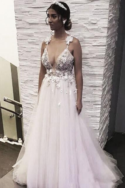 Deep V-neck Beading Prom Dresses,Straps Tulle Appliques A-line Custom Beach Wedding Dress,N97