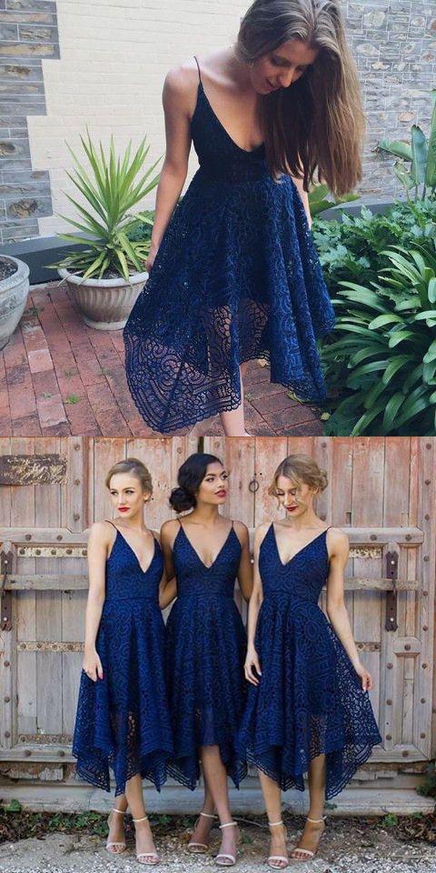 Pink V-neck Straps Tea Length Asymmetrical Lace Bridesmaid Dress,Midi Homecoming Dress,N153