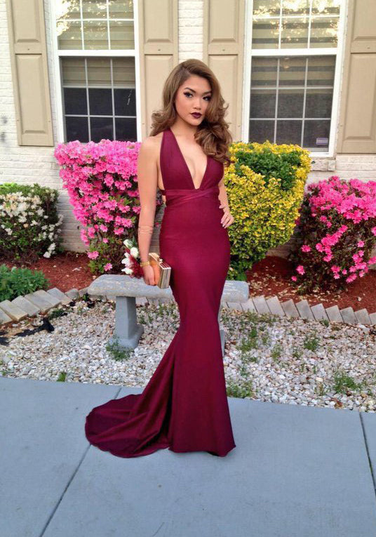 2024 Gorgeous Red V Neck Open Back Mermaid Satin Prom Dresses