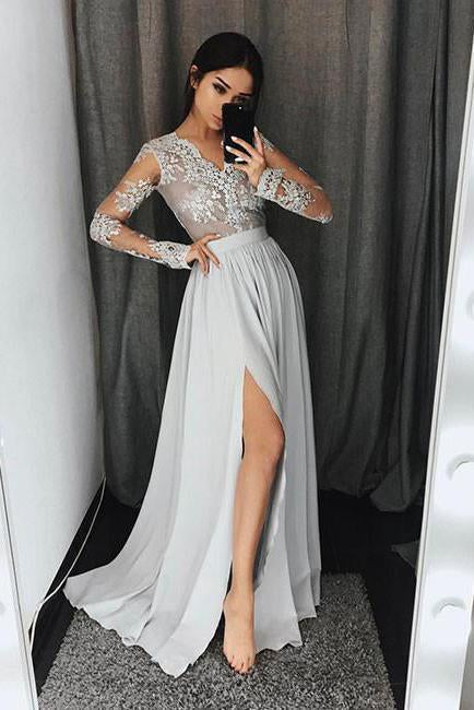 Stylish A-Line V-Neck Long Sleeves Split Front Gray Chiffon Long Prom Dresses