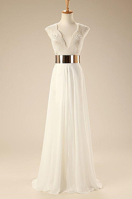 Deep V Neck Cap Sleeves White Chiffon Gold Belt Summer Beach Wedding Dress WD0106