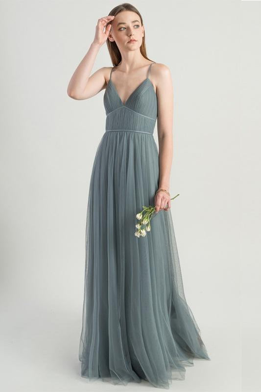 Charming Spaghetti Straps Flowy Backless Tulle Long Simple Prom Dresses Bridesmaid Dress Y0051