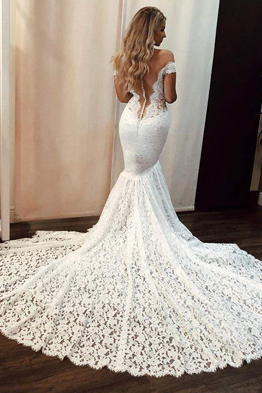 Pretty Off The Shoulder Elegant Mermaid Long Lace Wedding Dresses Y0128